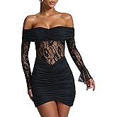 Aprilake Women's Sexy Lace Off Shoulder Long Sleeve Bodycon See Through Night Out Party Mini Dress