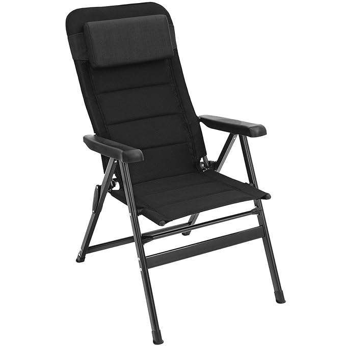 SONGMICS Outdoor Garden Chair, Foldable, with Padded Seat, Headrest, 150 kg Load, Black GCB02BK