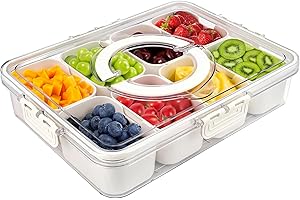 BIGPONPON 1 Pack Portable Snackle Box Container, Divided Serving Tray with Lid and Handle, Fruits, Clear Snack Platter Organizer and Storage for Adults Child (11.81" L*8.85"W-1pcs-8 Compartments)