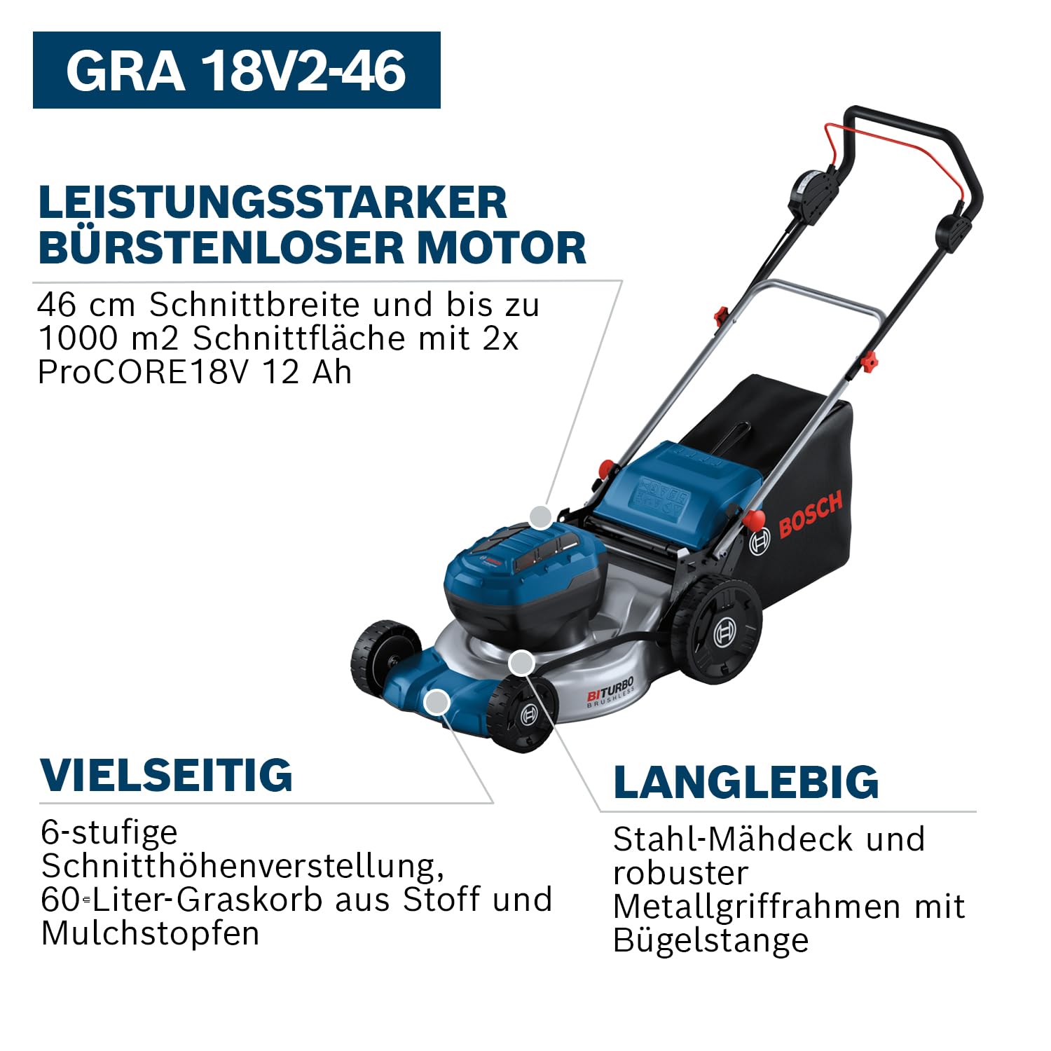 Bosch Professional 18V System Akku-Rasenmäher GRA 18V2-46 (Schnittbreite: 46 cm, 6-stufige Höheneinstellung, 60-Liter-Textil-Grasfangkorb, inkl. 2 x Isolierschlüssel, Mulcher) 3