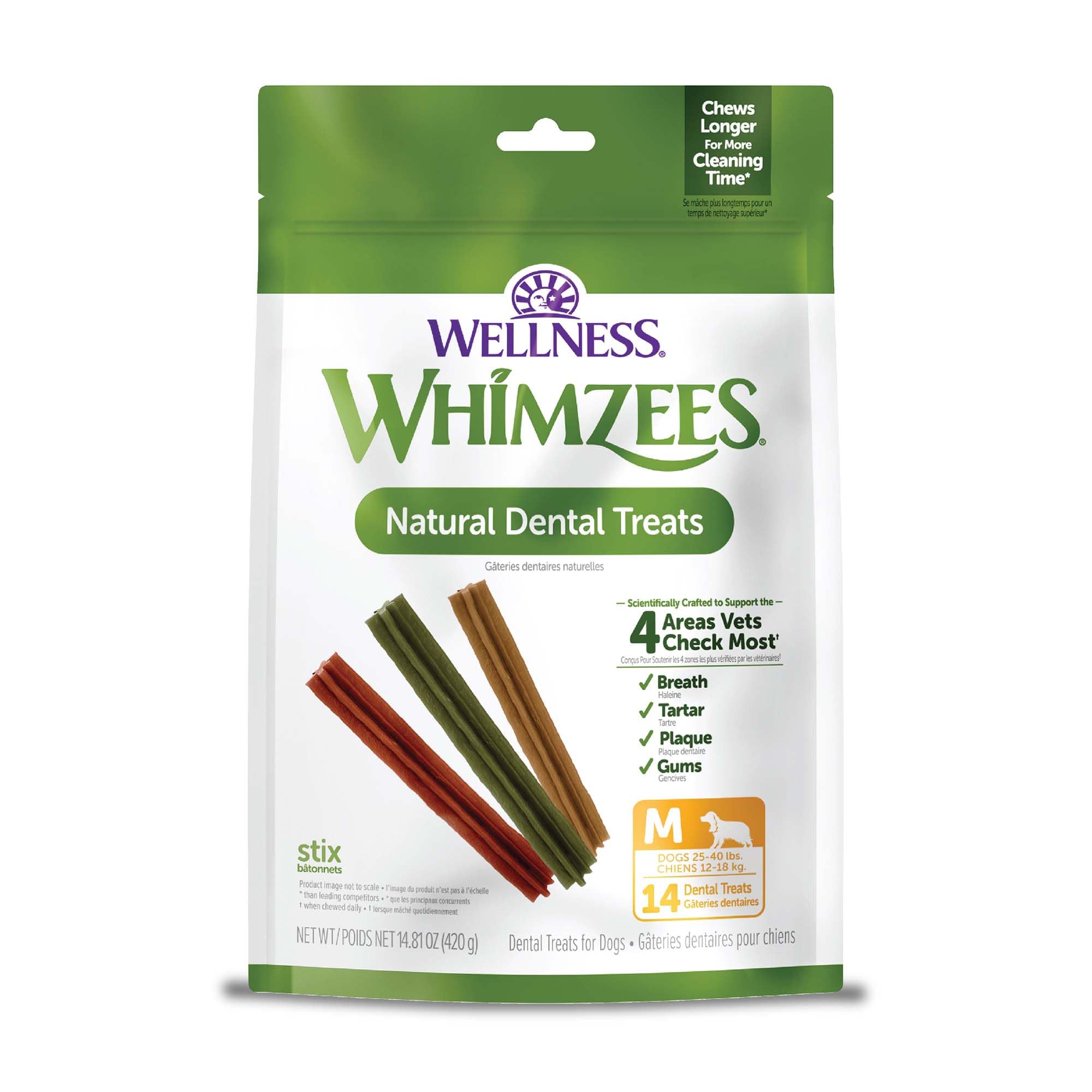 WHIMZEES by Wellness Stix Natural Dental Chews for Dogs, 3X Longer Lasting & Grain-Free, Freshen Breath & Fight Plaque & Tartar, Medium Breed, 14 Count