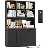 72'' Tall File Bookcase with Power Outlet &amp; Printer Stand, 2 Filing Drawers | Bookshelf with Doors &amp; 2 Adjustable Drawers for Hanging Letter/A4 File, Wood File Cabinets For Home Office Storage, Black