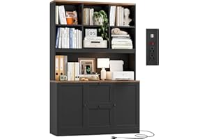 HIFIT 72'' Tall File Bookcase with Power Outlet & Printer Stand, 2 Drawer Filing Cabinets for Home Office Fit Hanging A4 File, Storage Cabinet w/ 3 Tier Open Book Shelf & Doors for Living Room, Black
