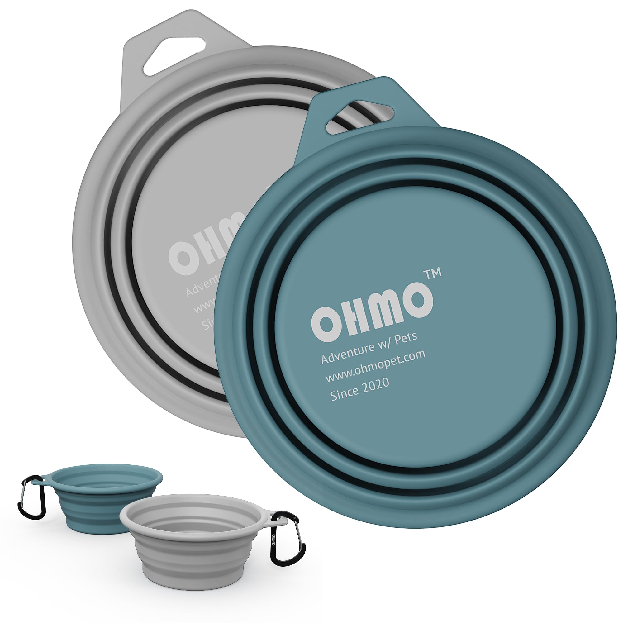 OHMO Collapsible Dog Bowl, (2 Pack 400ml, LightBlue&Ash) Premium Silicone Pet Water Bowls for Cats & Dogs, Portable Dog Travel Bowls Foldable for Outdoor Camping Hiking