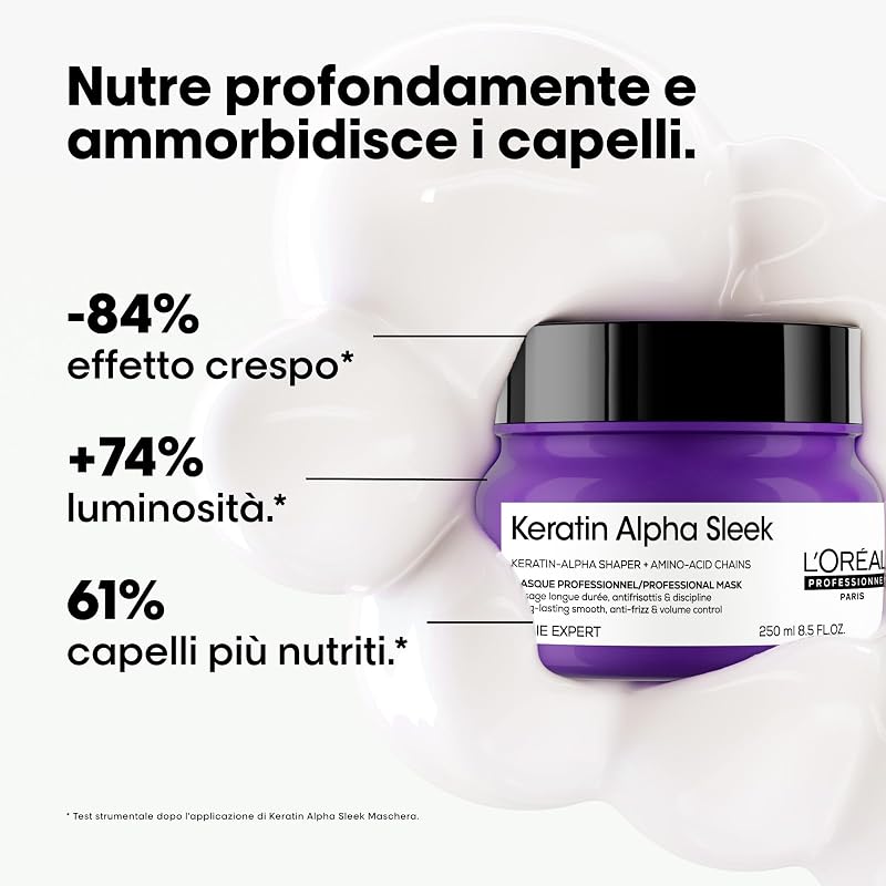L'Oréal Professionnel, Maschera Anticrespo e Disciplinante, Per Tutti i Tipi di Capelli, Capelli Più Morbidi e Luminosi, Con Keratin-Alpha shaper e Aminoacidi, Keratin Alpha Sleek, 250 ml