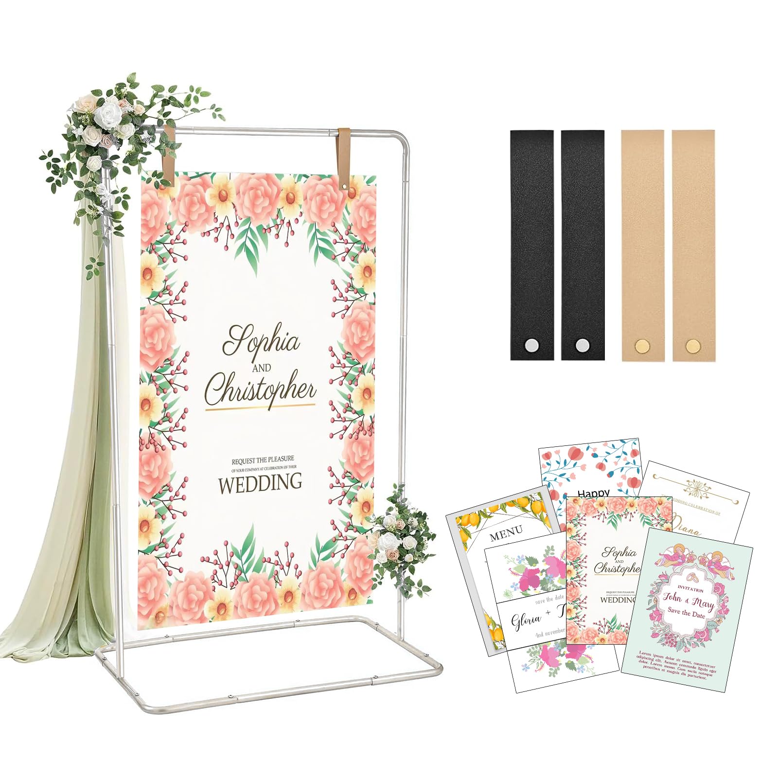 Photo 1 of VibeHaven Welcome Sign Stand for Wedding - Adjustable Heavy Duty Easel w/Design Bundle & Leather Straps, Wedding Sign Stand for Welcome Signs, Seating Charts Display (White)