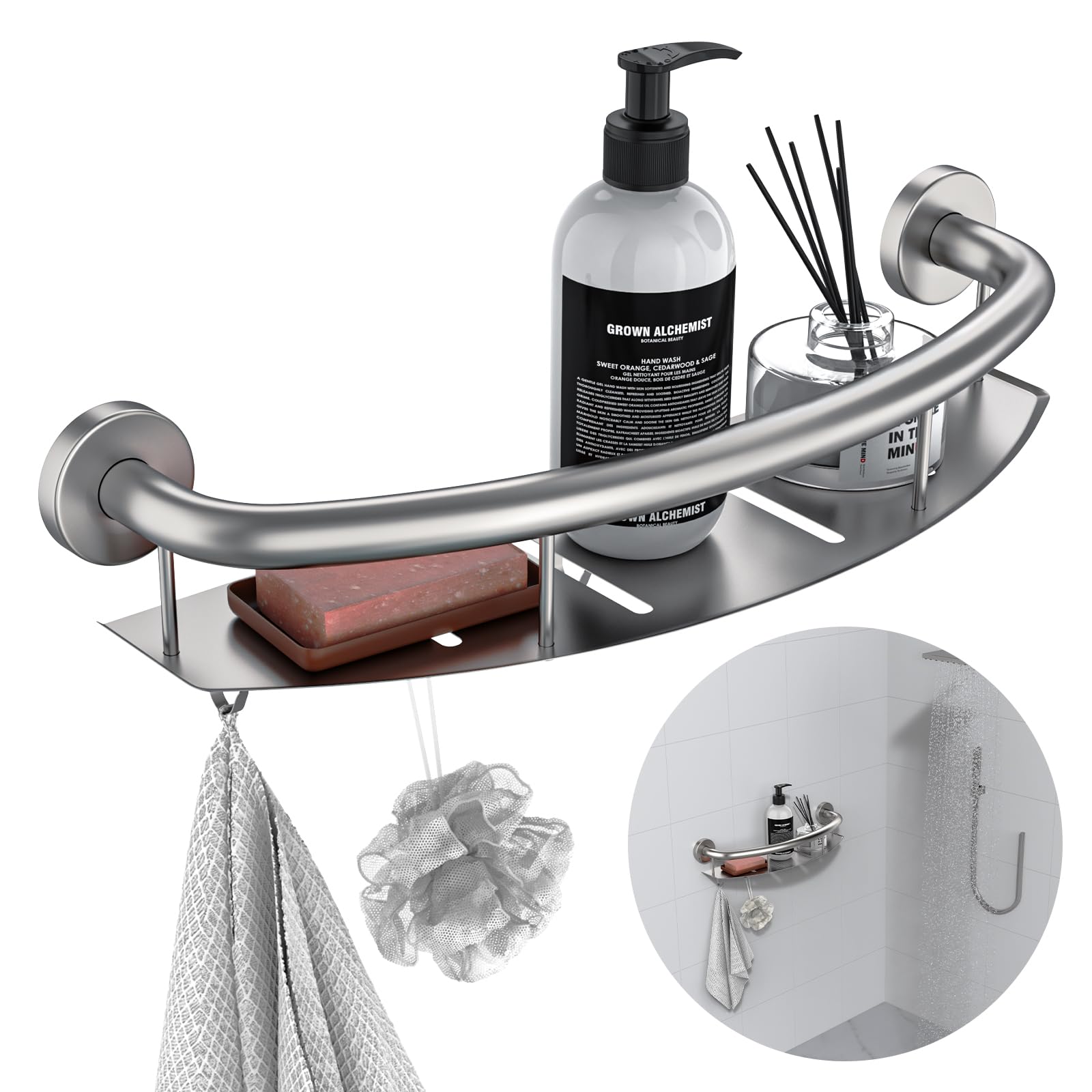 Photo 1 of Brushed Nickel 18-inch Safety Grab Bar with Storage Shelf for Bathtub or Shower, Drainage Holes, Stainless Steel, Wall Mounted Grab Bars for Elderly Injured Balance Support