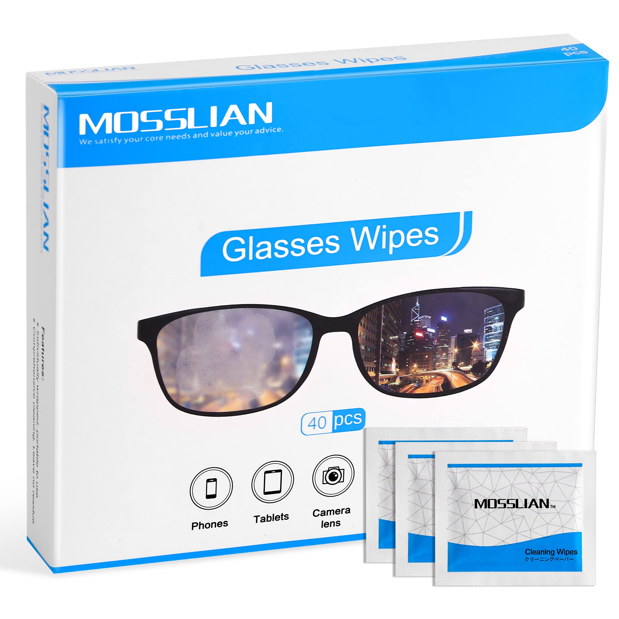 MOSSLIAN 40 Pack Glasses Wipes Computer Screen Cleaner Wipes for Phone, Lens, Tablet, Laptop