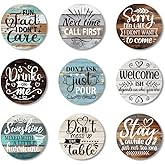 ANATTASOUL Coasters Set of 9 Funny Phrase Pattern Colorful Wooden Coasters Bulk Round Housewarming Gift for New Home, 3.9" Decorative Coffee Table Protection for Farmhouse Bar House Decor