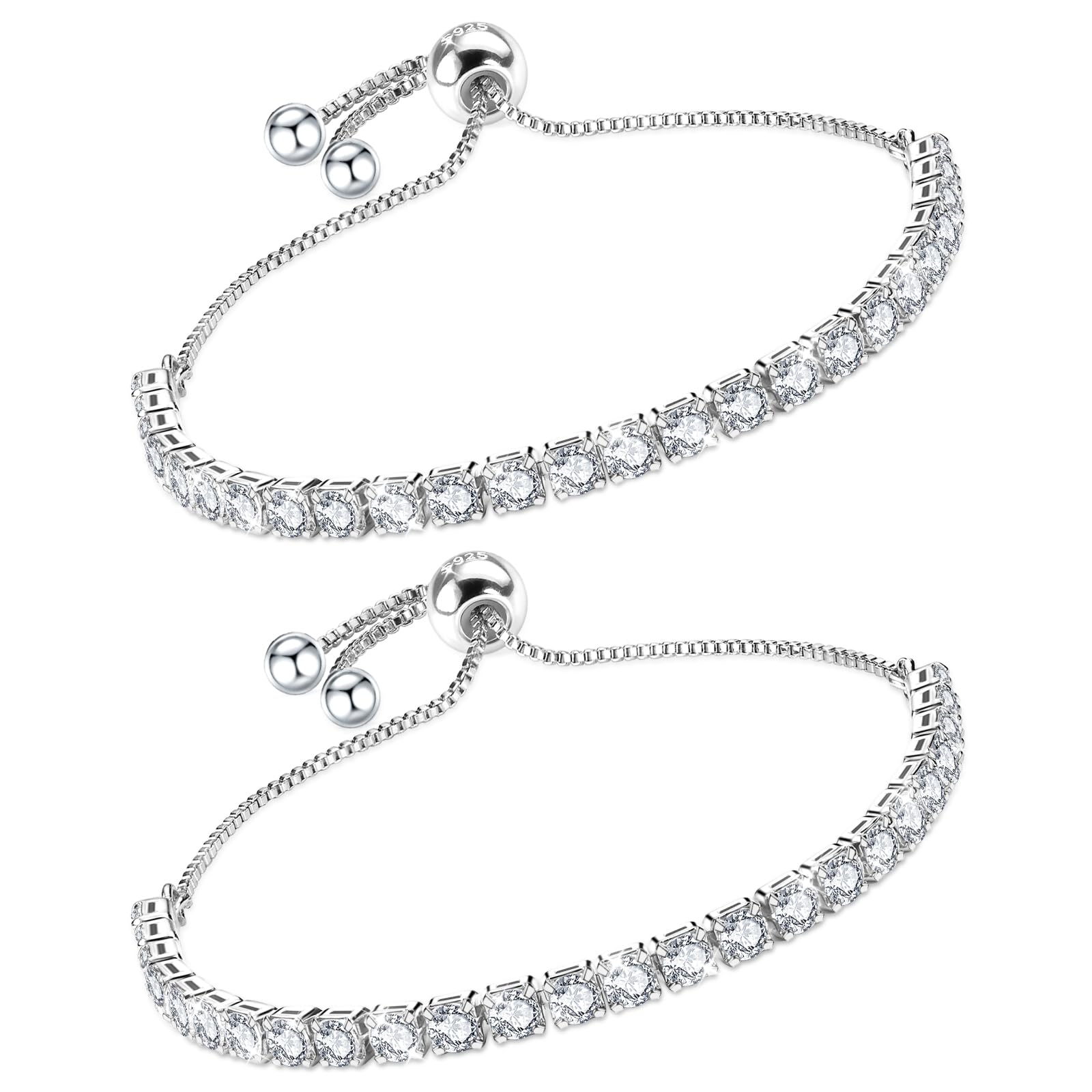 J.Fée 2PC Bracelets for Womens Silver 925 Tennis Bracelet,Adjustable Bracelet Set with 4MM Sparkle Cubic Zirconia,Silver Womens Jewellery,Mothers Day Gifts For Mum with Box — image 1