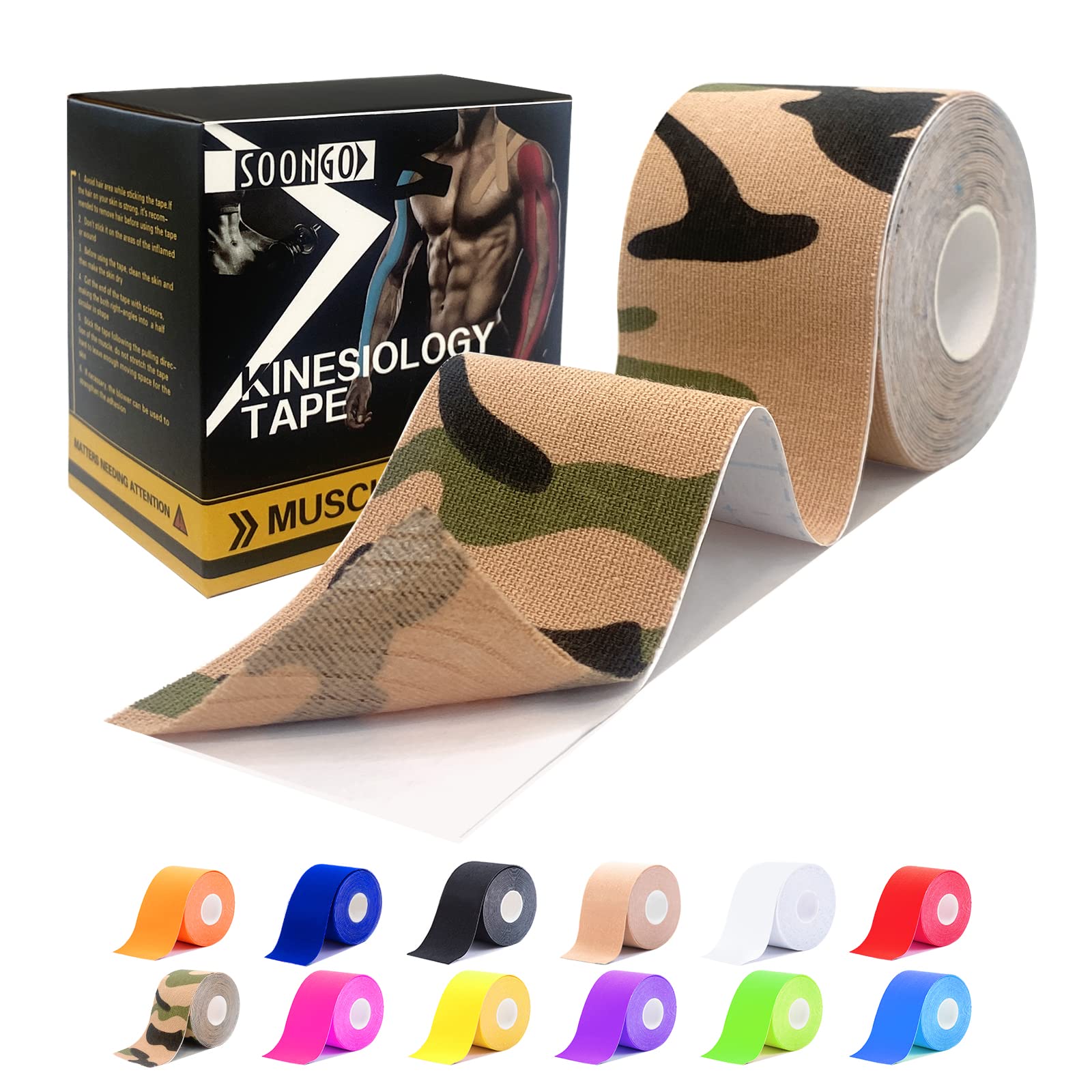 Sports Tape 1/2/5 Roll Relieve Muscle Soreness and Strain Shoulders Wrists Knees Ankles Elastic Waterproof Good Air Permeability Hypoallergenic 5cm*5m By SOONGO (Camo)