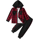 Sislerew Toddler Boy Clothes Plaid Hooded Shirt White T-shirt Top and Solid Color Pants 3Pcs Winter Boys Clothes