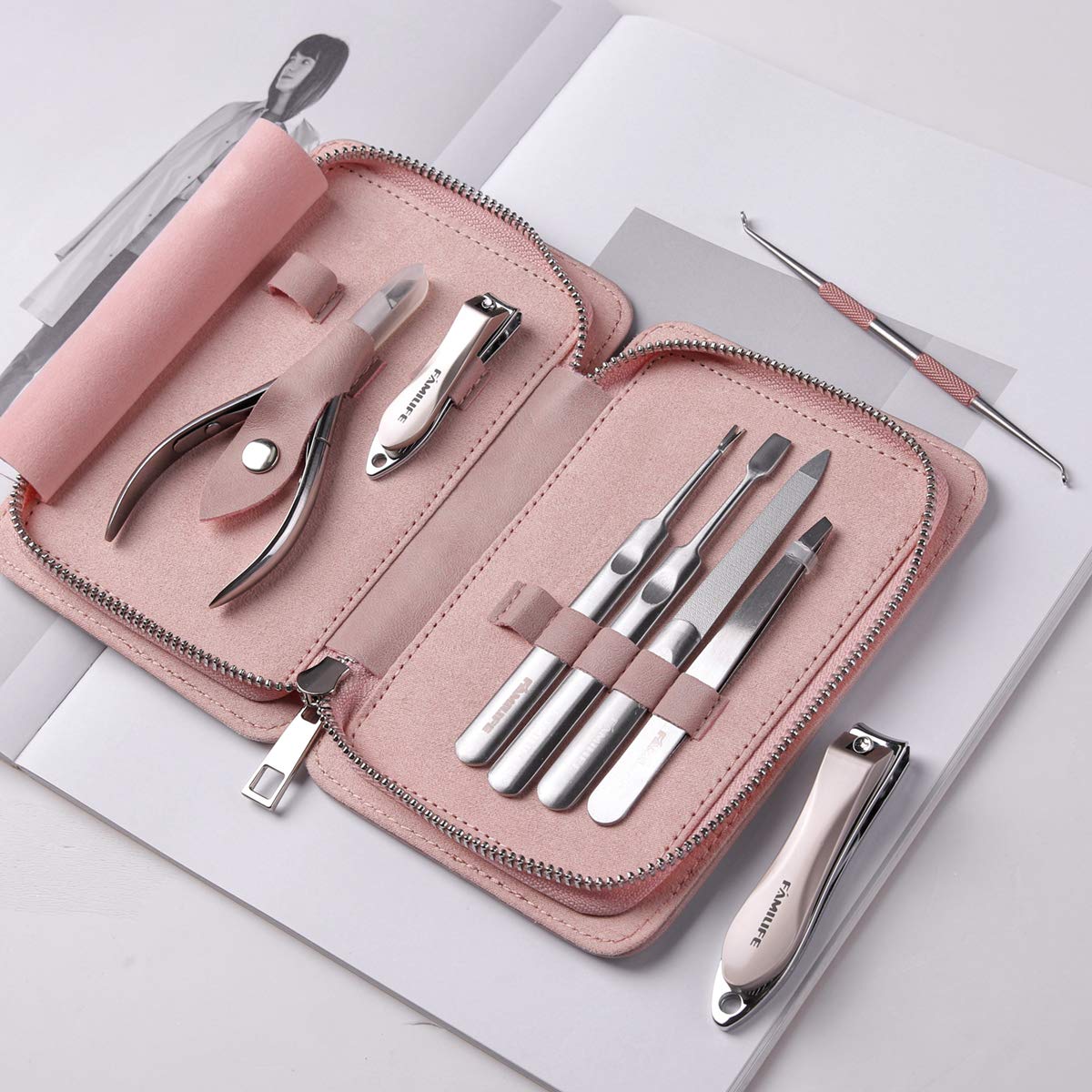 FAMILIFE Manicure Set, 8 in 1 Professional L13 Manicure Kit Nail Clipper Set Stainless Steel Pedicure Tools Kit Portable Grooming Kit with Pink Leather Travel Case for Women Girl : Beauty