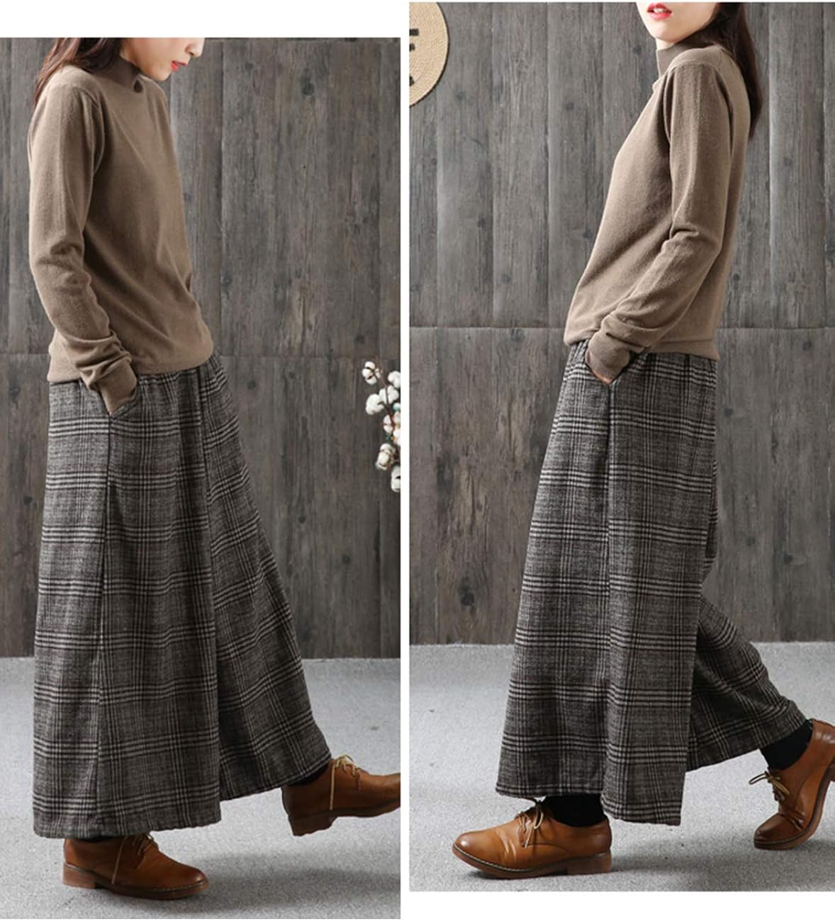 YESNO PK5 Casual Loose Wide Leg Wool Blend Checked Pants Elastic Waist Relaxed Trousers PK5 /Pockets: Clothing