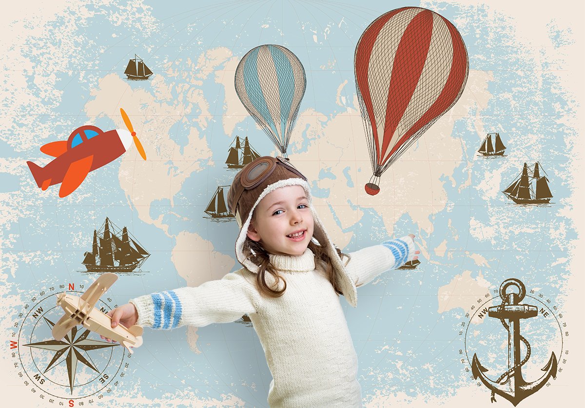 Funnytree 7x5ft Blue Hot Air Balloon Baby Birthday Backdrop World