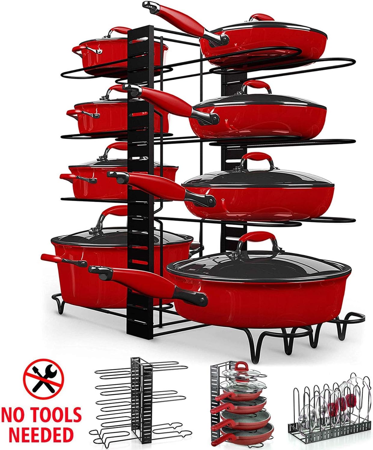Odibess Pot Rack Organizer, 3 DIY Methods, Height and Position are Adjustable 8+ Pots Holder, Black Metal Kitchen Cabinet Pantry Pot Lid Holder (Black)