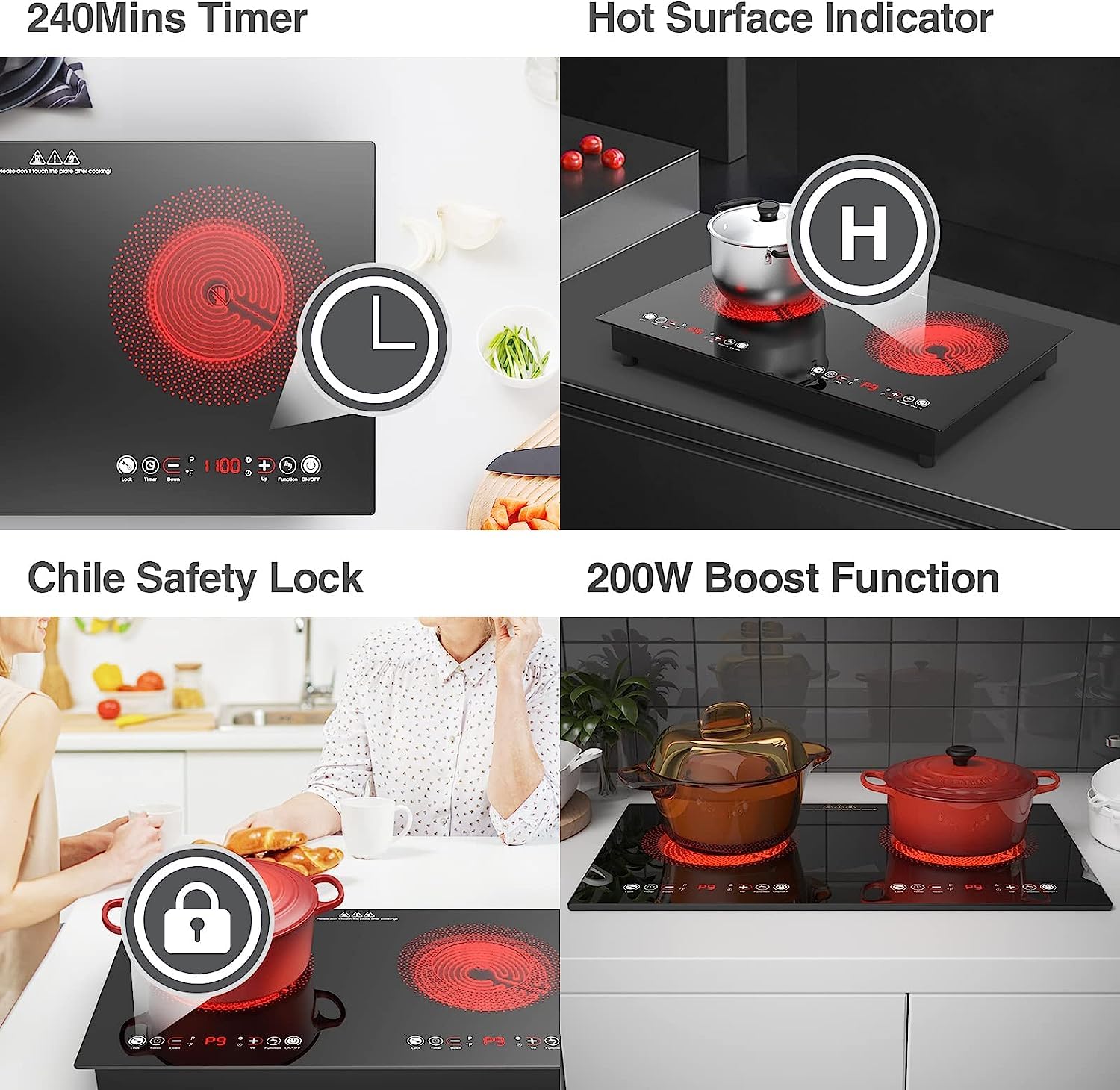 Electric Cooktop, 24 Inch 2 Burner Cooktop 110V, Built-in and Countertop Stove Top Plug in, 2400W Electric Stove, Compatible for All Cookware,Timer & Kid Safety Lock