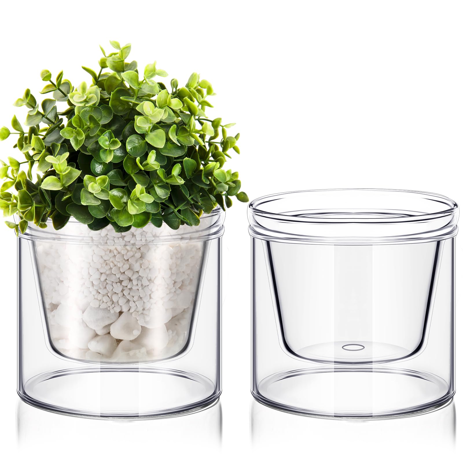 Photo 1 of Baderke 2 Pcs 4 Inch Self Watering Pot for Indoor Plants Clear Glass Planter Small Plant Pot with Saucer Reservoir Drainage Holes Bottom Watering Pot for African Violet Orchid Flowers Houseplant