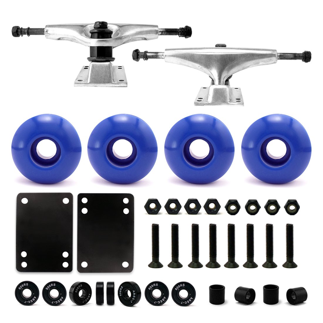 VJ 5.0 Skateboard Trucks (Silver), Skateboard Wheels 52 mm, Skateboard Bearings, Skateboard Pads, Skateboard Hardware 1 Inch (52 mm Blue)