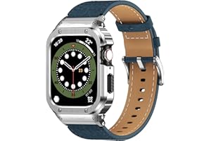 SUPLINK Leather Band with Stainless Steel Case for Apple Watch Ultra 3/2/1 & SE 3/2/1 & Series 11 10 9 8 7 6 5 4 3 2 1 49mm 46mm 45mm 44mm 42mm 41mm 40mm 38mm,Rugged Bumper for Men