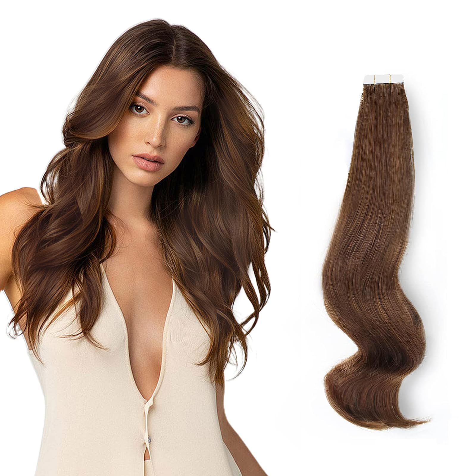 ABH AmazingBeauty Hair Tape in Hair Extensions Real Human Hair Semi-permanent 50g 20pcs Tape in Attached Skin Weft Invisible Seamless Reusable Walnut Brown Color 3 14 Inch — image 1