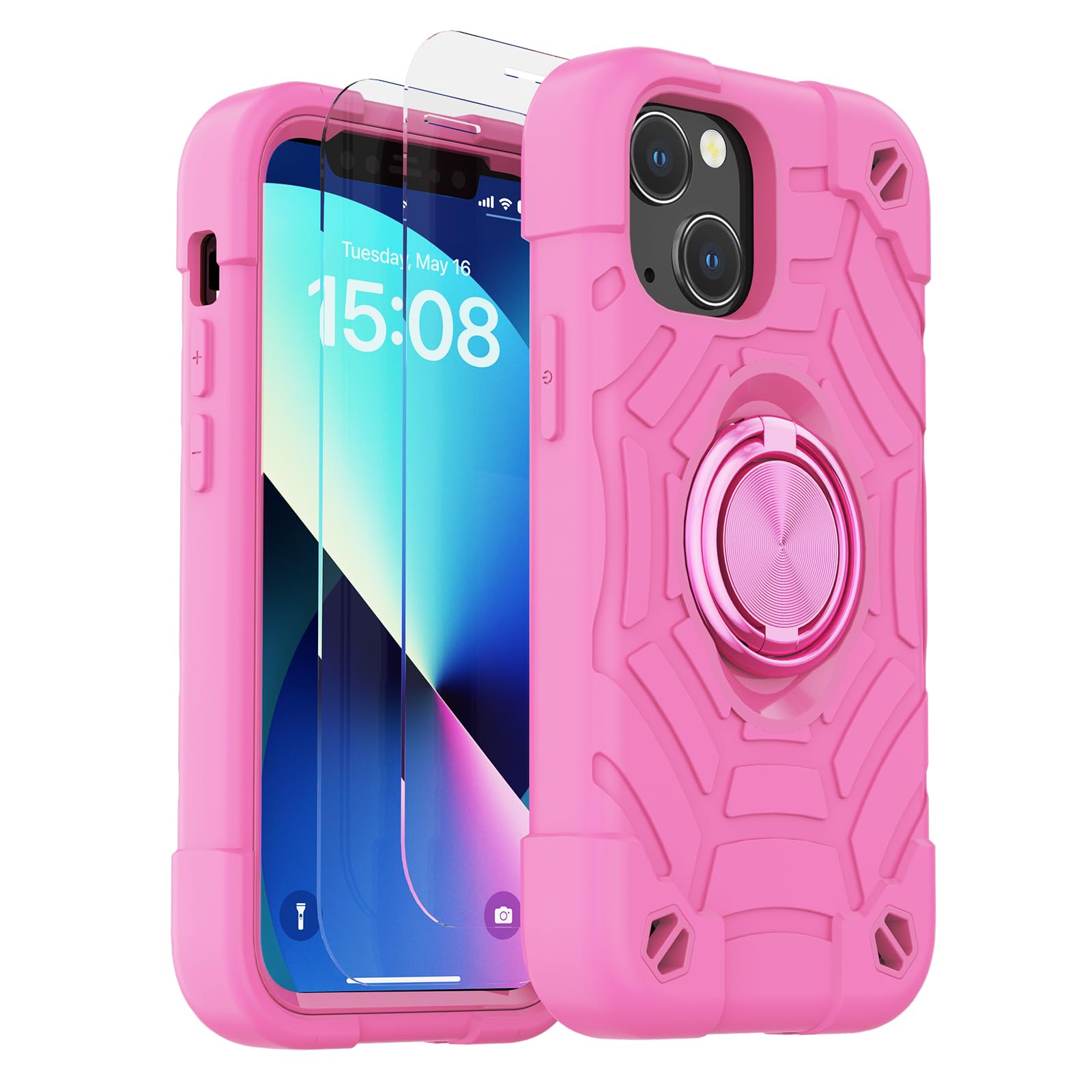 KCJ Compatible with iPhone 14 Case & iPhone 13 Case with [2 x Screen Protectors+1xCamera Lens Protector] Military Grade Drop Protection Case for iPhone 14/iPhone 13 6.1" Pink