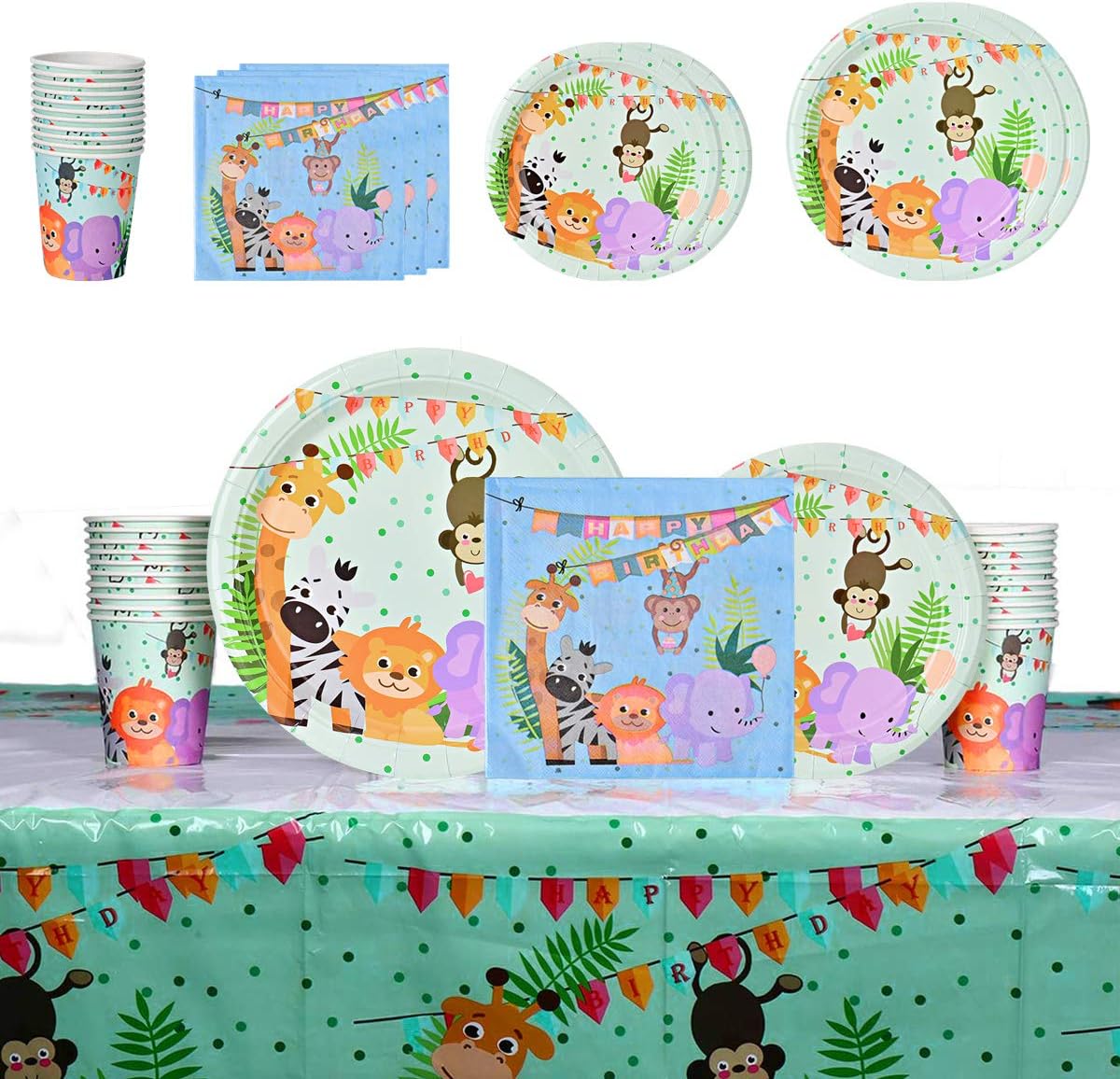 Jungle Safari Themed Party Supplies, Jungle Safari Party Tableware with Dinner Dessert Plates Napkins Cups Table Covers for Baby Shower Kids Birthday Decorations - 20 Guests