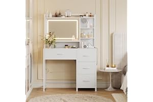 Vanity Desk with Mirror and Lights - 35.4" Makeup Vanity Table with Adjustable LED Lights, 4 Fabric Drawers & Storage Shelves