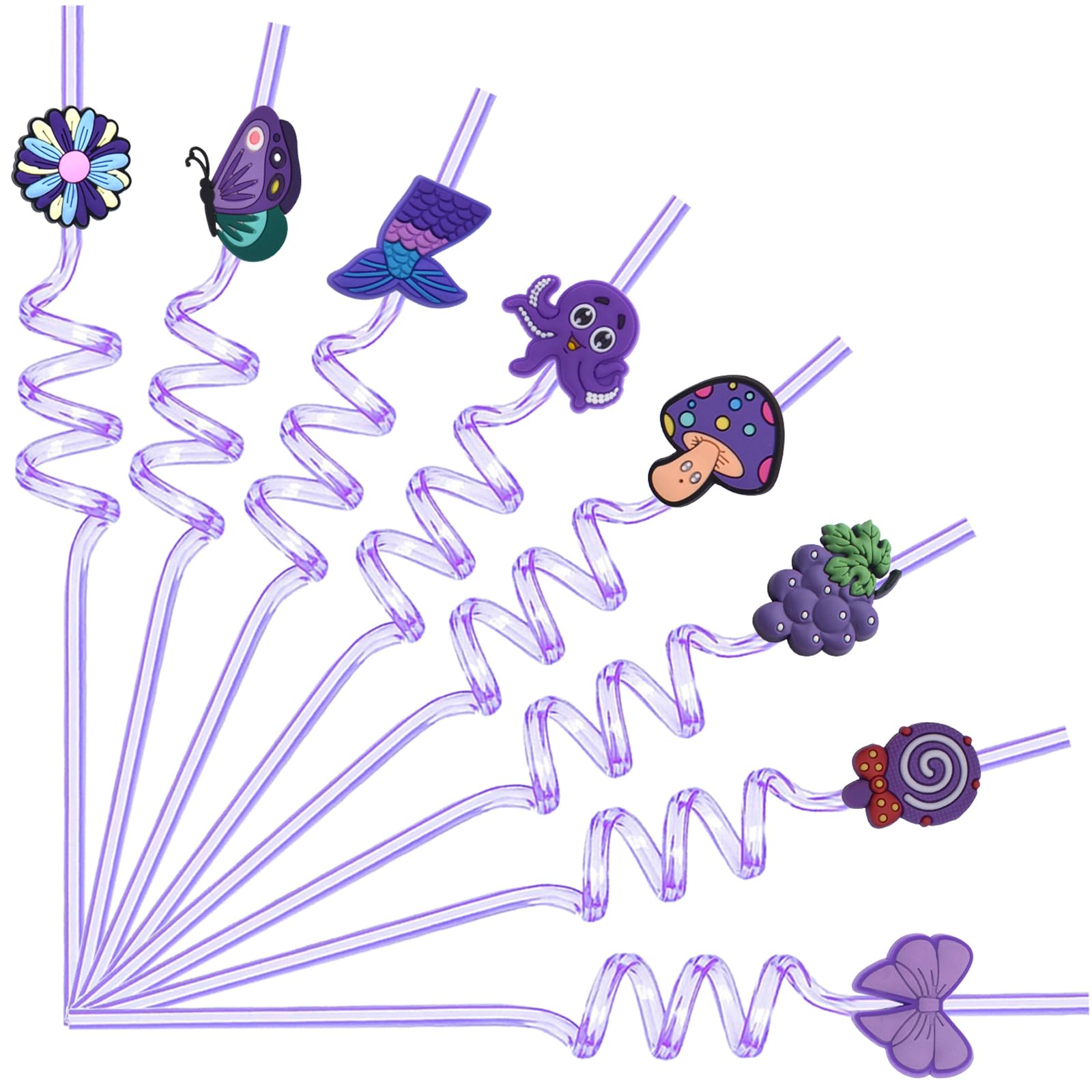 Photo 1 of 24 Pack Reusable Drinking Straws,Cartoon Mushroom Mermaid Octopus Butterfly Flower Crazy Straw Decor for Kids Girls Boys Birthday Party with 2 Cleaning Brushes (Purple)