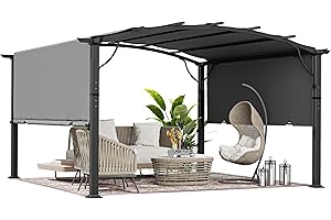 HAPPATIO 12' x12' Outdoor Arched Retractable Pergola, Patio Pergola with Sun Shade Canopy, Aluminum Pergola with Canopy Fixed in Various Positions, Metal pergola for Backyards, Gardens, Patios (Grey)