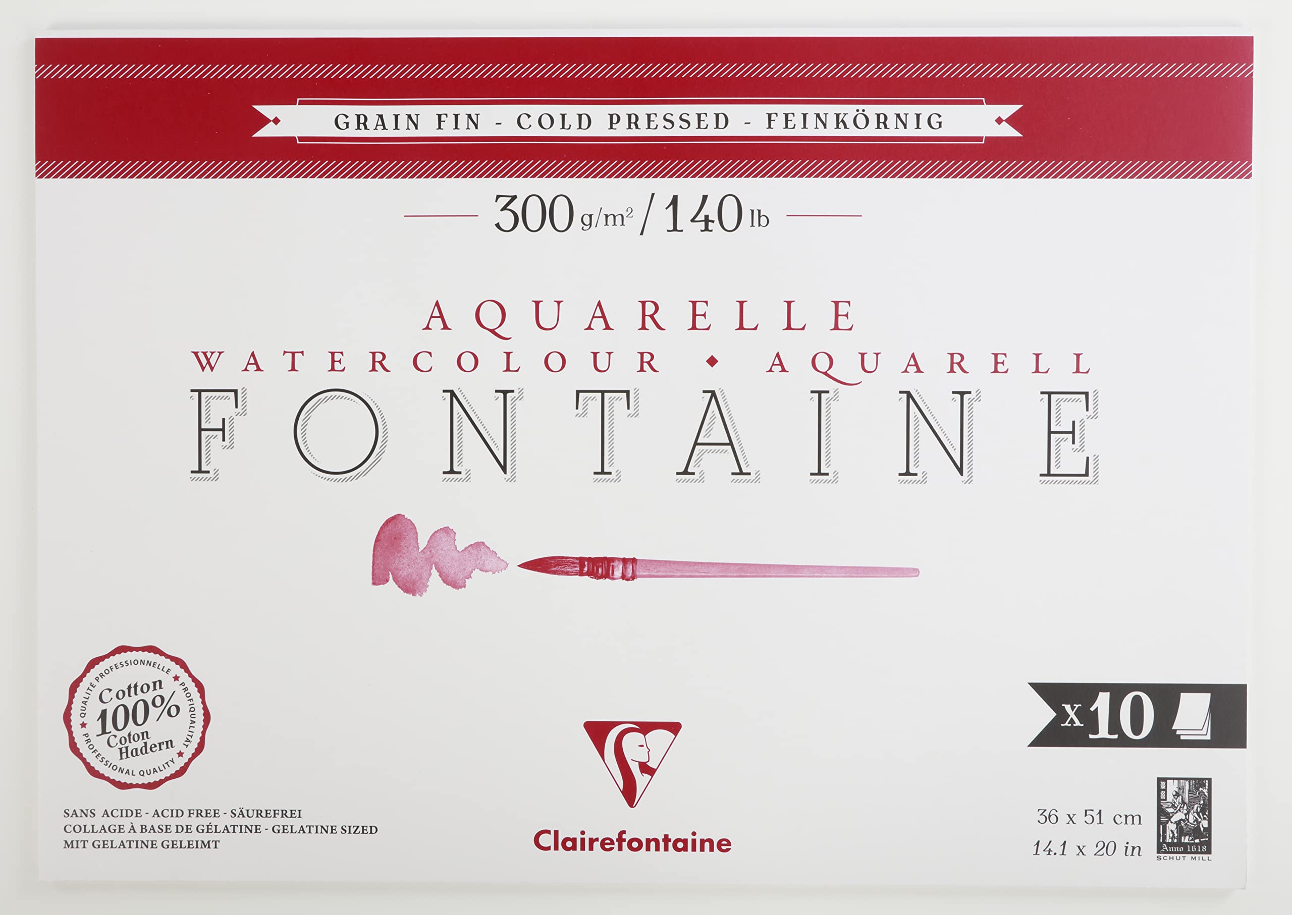 Clairefontaine 975514C Fontaine Single-Sided Glued Pad - 10 Sheets of 100% Cotton White Watercolour Paper, Fine Grain, Professional Quality, 36x51 cm, 300g