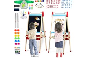WOOD CITY Easel for Kids, Adjustable Standing Art Easel with Painting Accessories Wooden Chalkboard & Magnetic Whiteboard & Painting Paper Stand, Toddler Art Set Easel for Toddlers 2-12 Year Olds