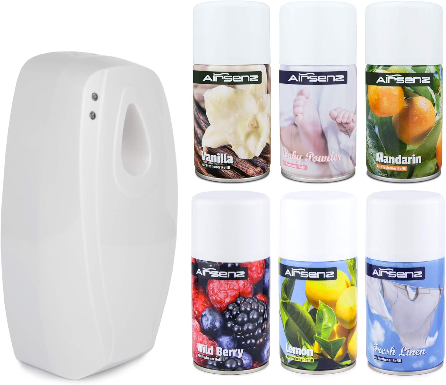 AIRSENZ Air Freshener Automatic Dispenser Home Starter Kit 270ml Aerosol Spray Refill Cans 6
