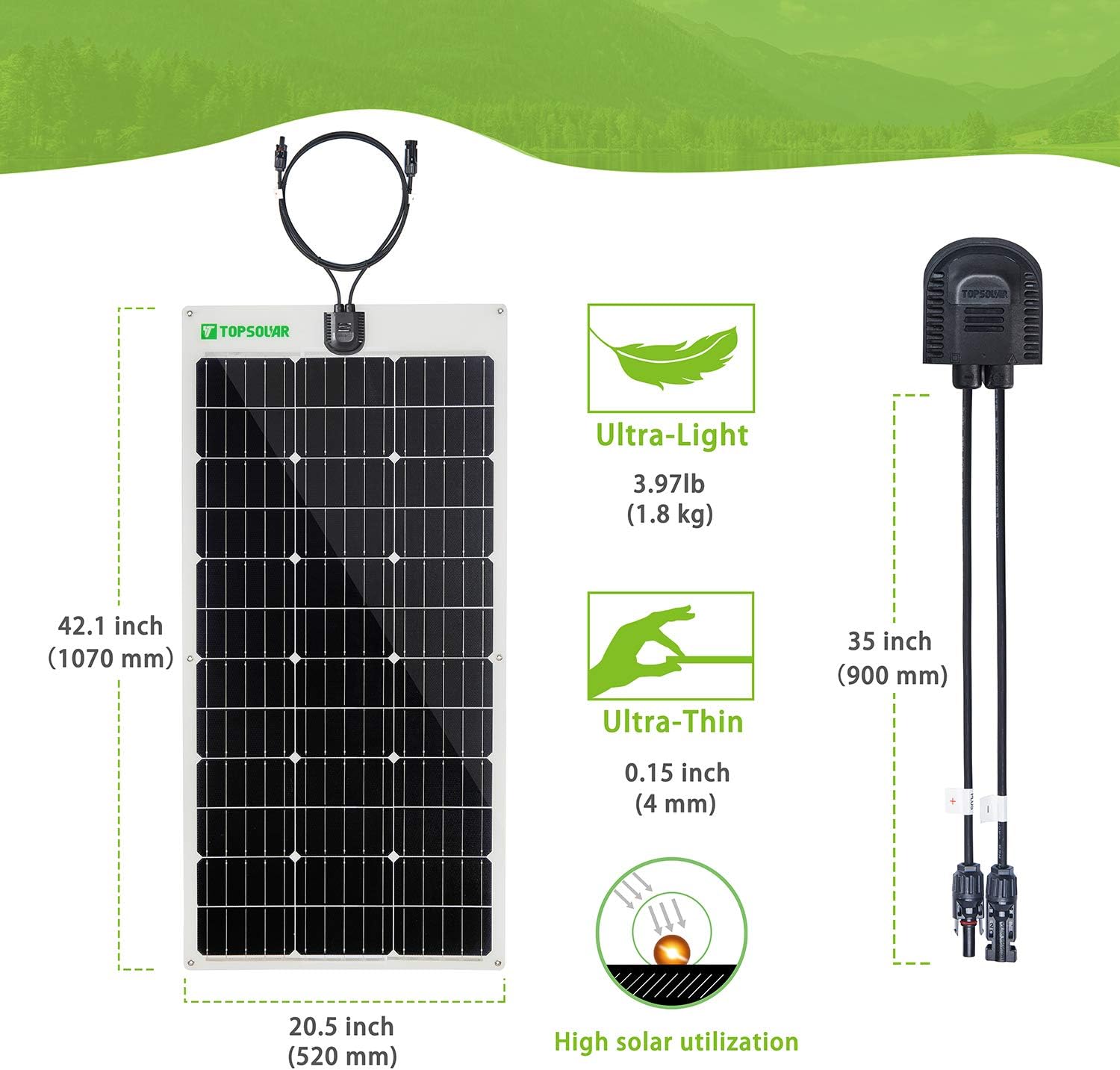 Topsolar Flexible Solar Panel 100W 12V Monocrystalline Bendable - 100 Watt 12Volt Semi-Flexible Mono Solar Panels Charger Off-Grid for RV Boat Cabin Van Car Uneven Surfaces : Garden & Outdoor