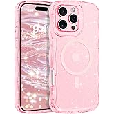 BENTOBEN Magnetic for iPhone 16 Pro Max Case,Clear Crystal Glitter [Curly Wave Edge] [Compatible with MagSafe] Slim Sparkly Shockproof Cute Women Girl Protective Case for iPhone 16 Pro Max 6.9",Pink