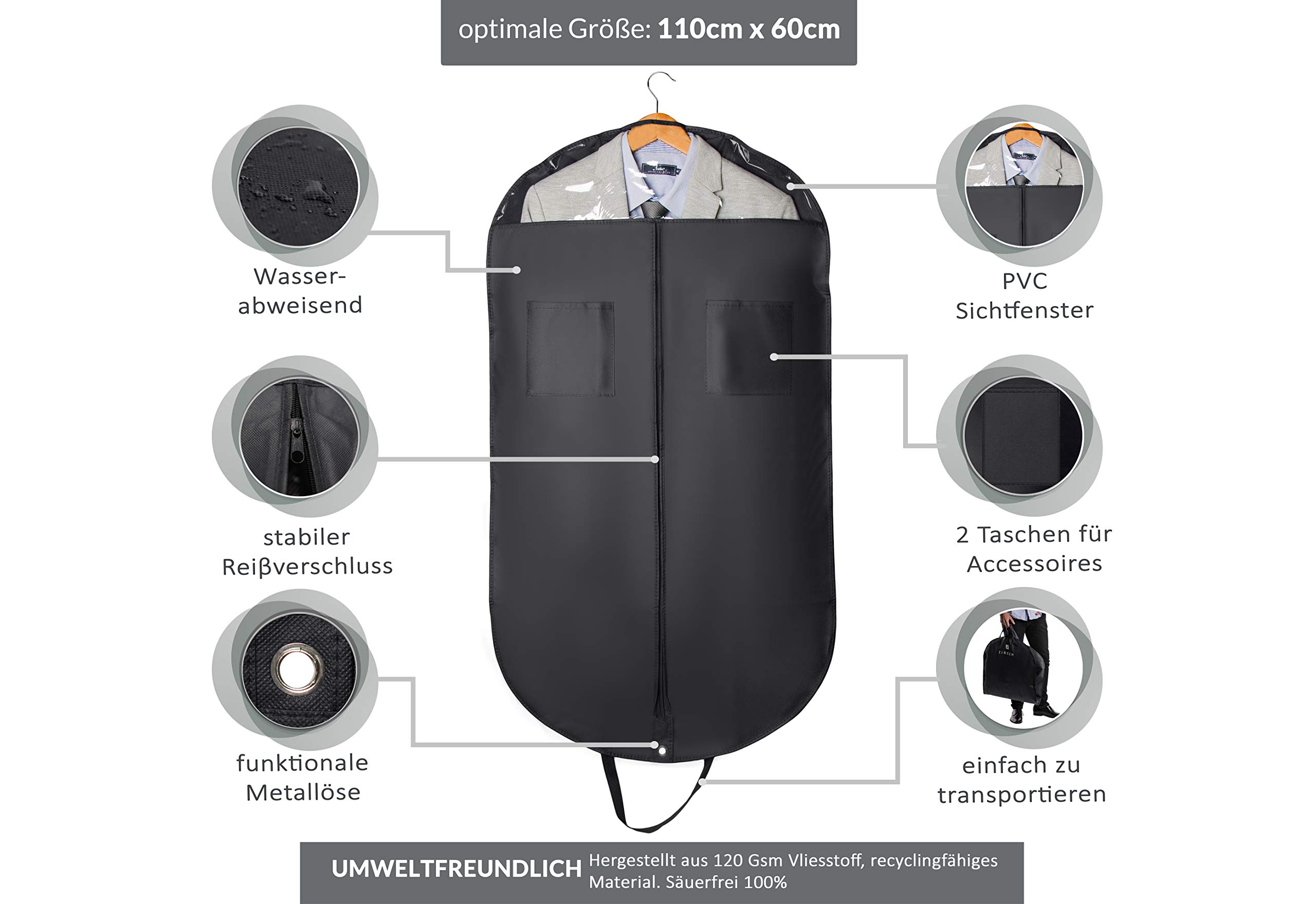 Zireem Kleidersack inkl. kostenlosem Schuhbeutel | Premium Stabil Anzugtasche | Kleiderhülle | Atmungsaktiv | Hochwertiger Anzugsack | Schwarz | 110 × 60 cm |