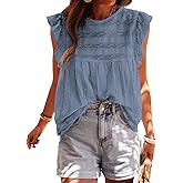 PRETTYGARDEN Women's Summer Cute Tank Top Crewneck Ruffle Sleeveless Hollow Out Eyelet Lace Spring Blouse Shirts