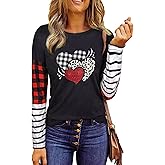 Valentine Shirt Women Buffalo Plaid Love Heart Graphic Tees Letter Print Splicing Long Sleeve Tops Shirts