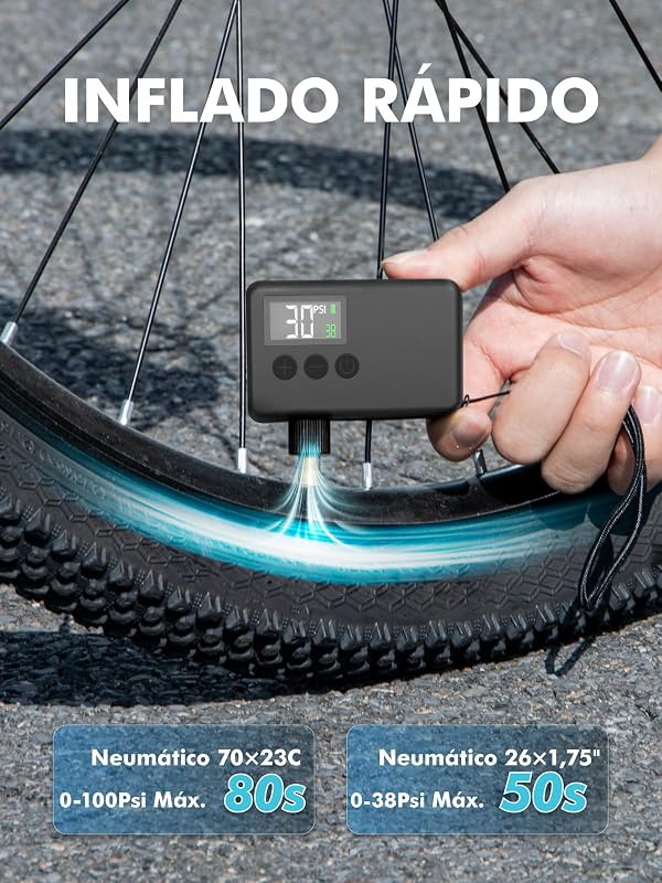 Inflador Electrico Bicicleta 120 PSI Mini Bomba de Aire, Manómetro