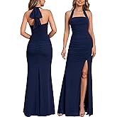 Women Bodycon Maxi Dress High Slit Halter Tie Ruched Long Formal Cocktail Wedding Guest Dresses