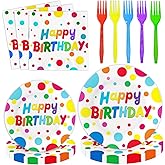 LyingMonkey 100 Pcs Birthday Colorful Dots Plates Napkins Forks, Disposable Happy Birthday Dots Tableware Set Party Supplies