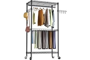 GOLPART Heavy Duty Rolling Clothes Rack with 13 Pants Rack,3 Tier Adjustable Wire Shelving Garment Rack for Hanging Clothes with 1 Hanger Rod&2 Side Hooks,Freestanding Closet Metal Clothing Storage Rack
