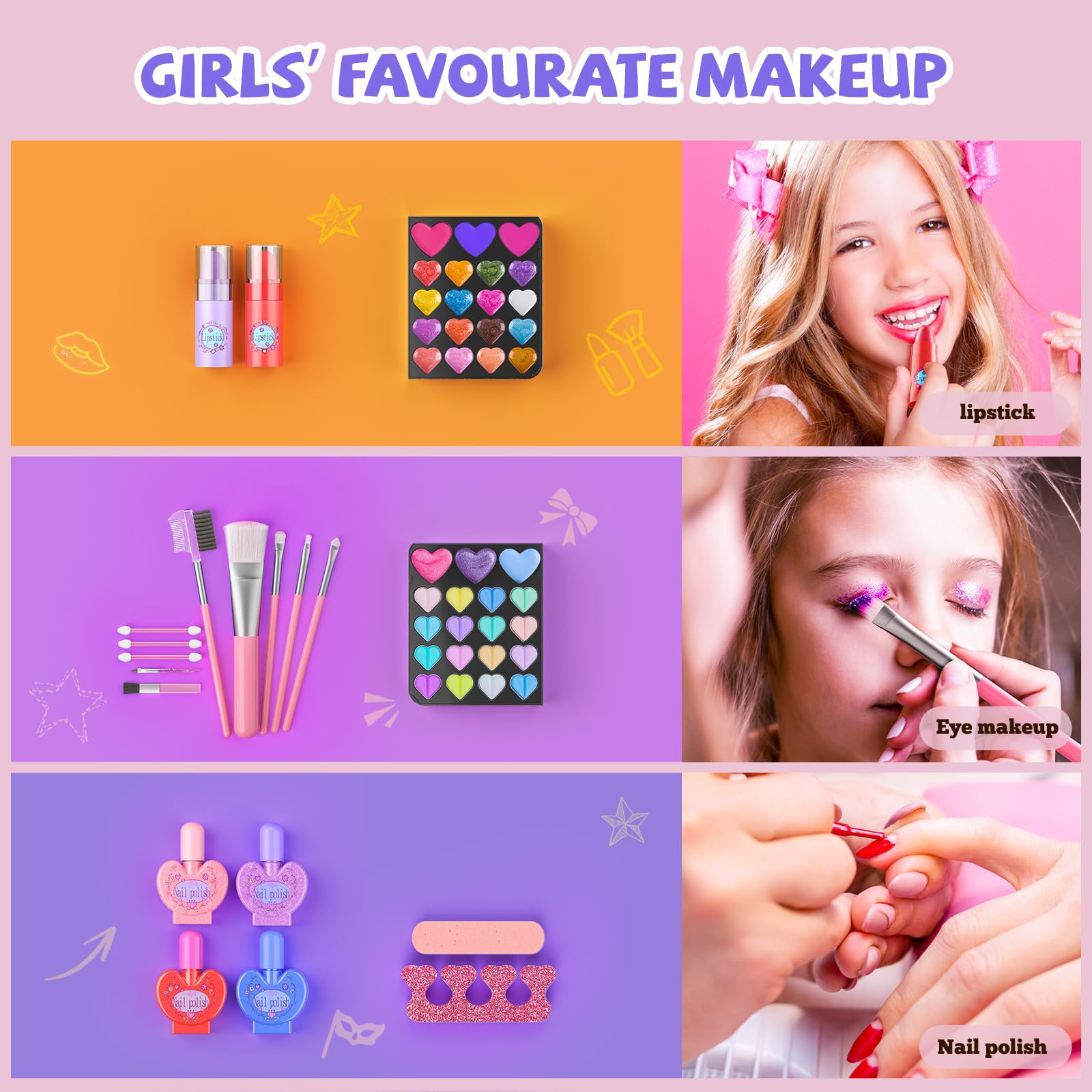 GORISPI Kids Makeup Sets for Girls, 66pcs Real Cosmetic for Kids Toys with Mirror, Princess Washable Girls Makeup Kit, Non-Toxic & Safe Brithday Gifts for 3 4 5 6 7 8 10 - 12 Years Old（Pink Black）