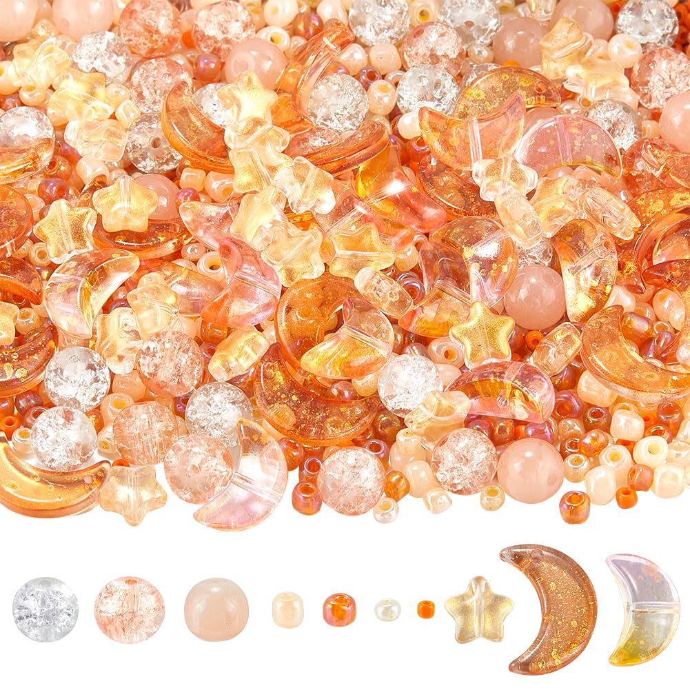 SUNNYCLUE 1 BOX ABOUT 1700+PCS Orange Bracelet Making Kit Star And Moon Beads Bulk Glass Resin Transparent Glass Round Seed Spacer Loose Beads Kit for jewellery Making Bracelet Beading Kits Diy Crafts