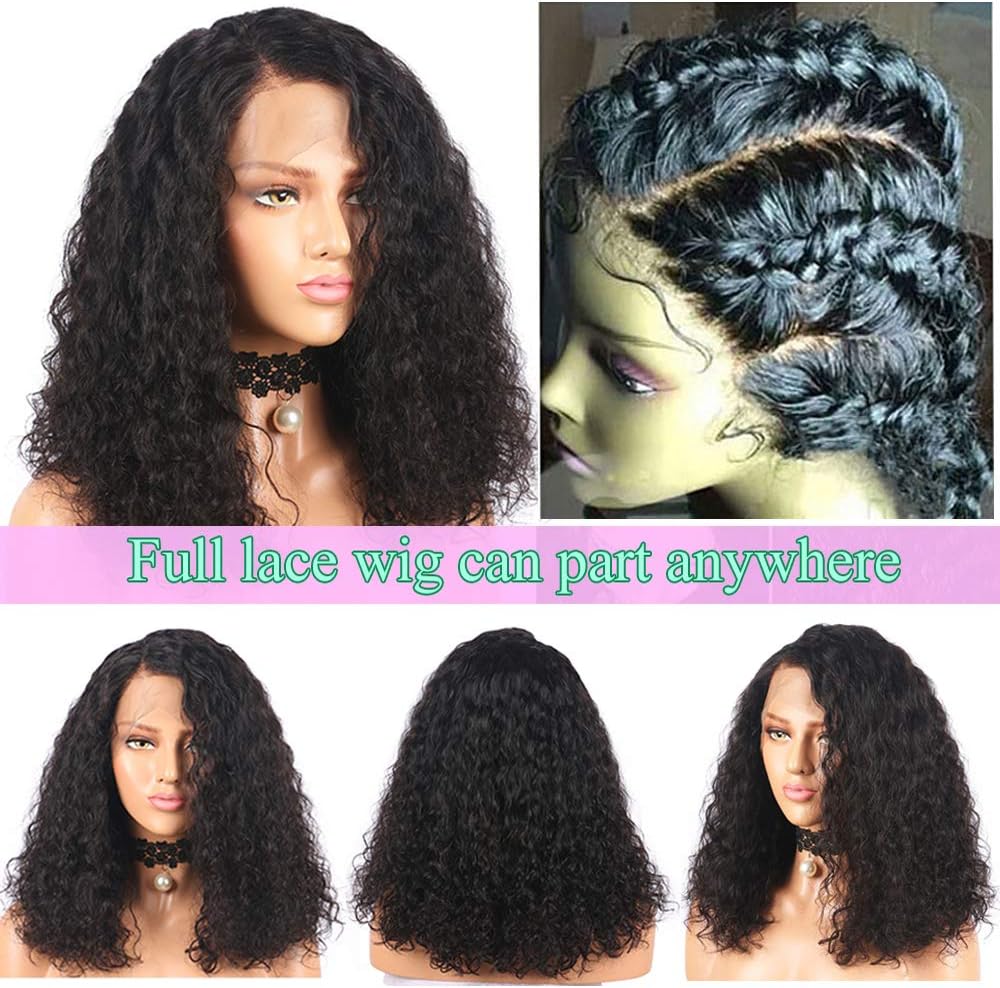 Andria Brazilian Human Hair Wigs Short Bob Loose Deep Curly Glueless Full Lace Wig Baby Hair Bleached Knot Preplucked Hairline 150% Density Natural Color For Black Women 14 Inch