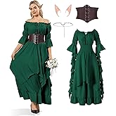 IEEILULU Women Renaissance Medieval Costume - Peasant Irish Victorian Gothic Off Shoulder Ruffle Fairy Maxi Dress 4 Pcs