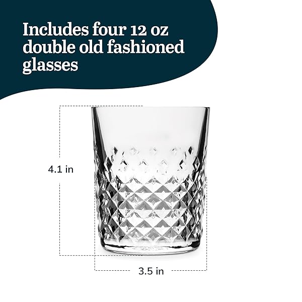 LIBBEY CARATS DOUBLE OLD FASHIONED GLASSES, 12 OZ FACETED WHISKEY DRINKING GLASSES, DISHWASHER SAFE ROCKS GLASS SET FOR SPIRITS, COCKTAILS
