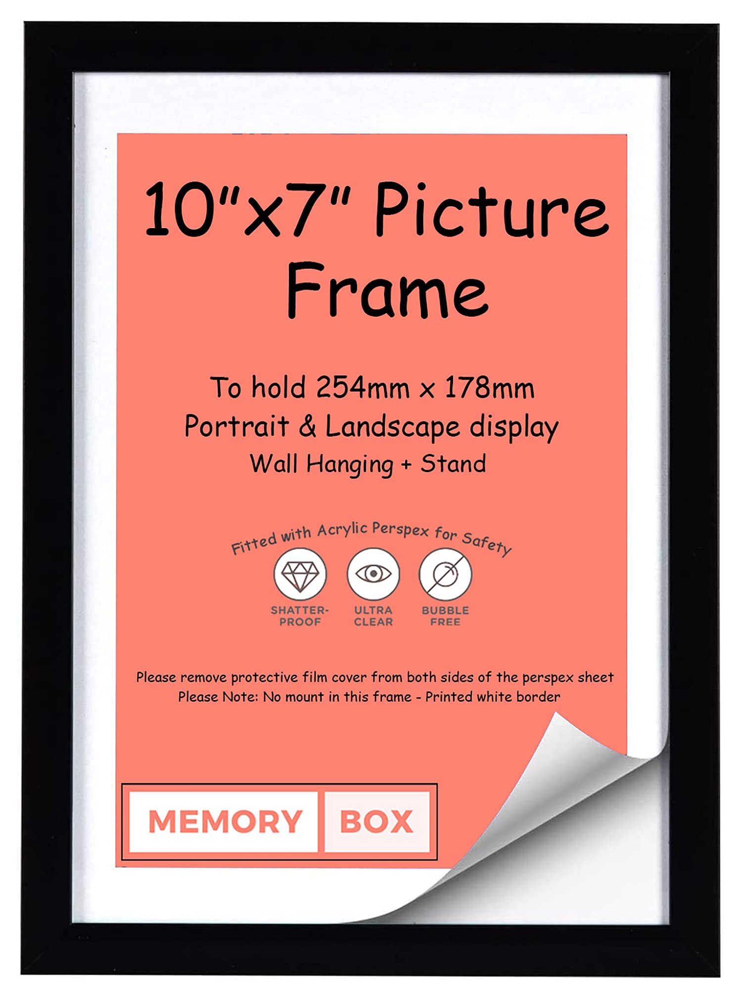 MDF 20mm Photo Frame, Picture Frame, Document frame, Certificate Frame - 10" x 7" (25.4 x 17.8cm) Black Colour - Wall Mountable & Freestanding