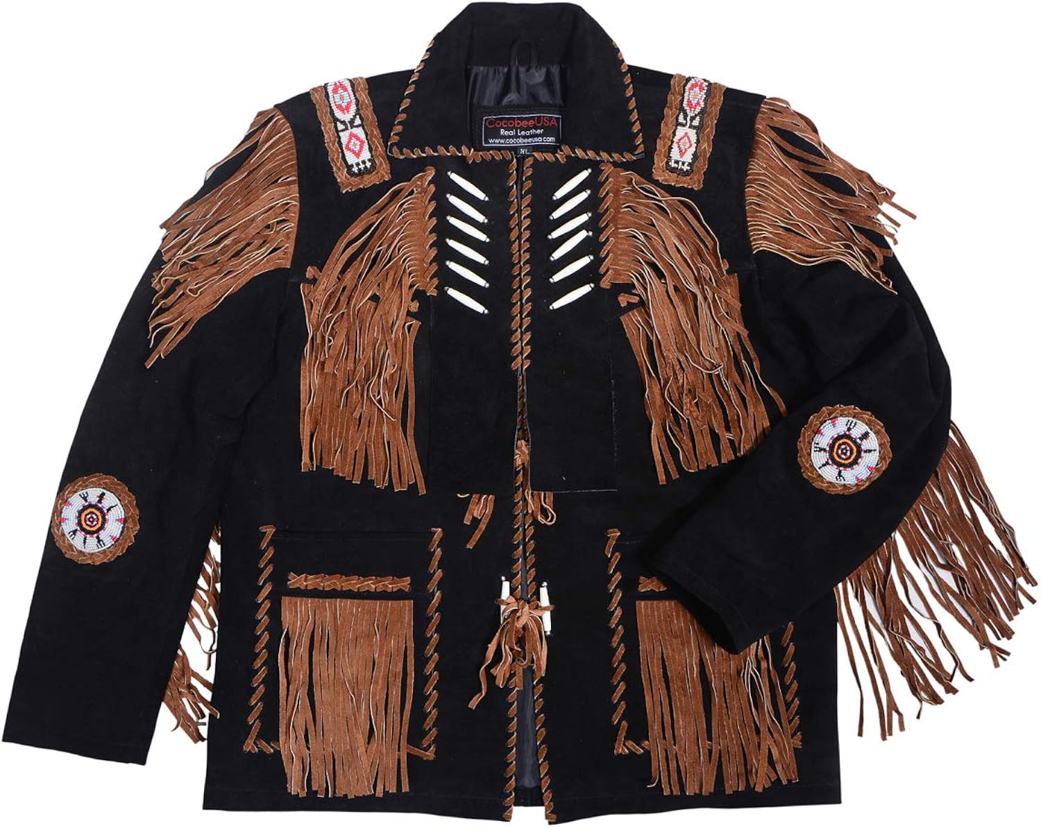 Men's Traditional Cowboy Western Leather Jacket Black Coat with Fringe