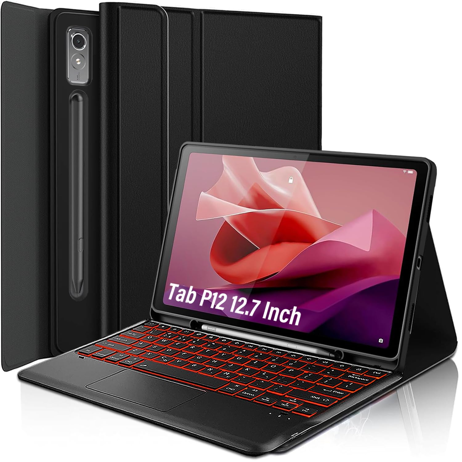 Photo 1 of LDSOYIA Touchpad Keyboard Case for Lenovo Tab P12 12.7 Inch 2023, 7 Colors Backlight Wireless Trackpad Keyboard PU Folio Stand Cover Case with Pen Holder for 12.7” Lenovo Tab P12 2023 (Model: TB370FU)